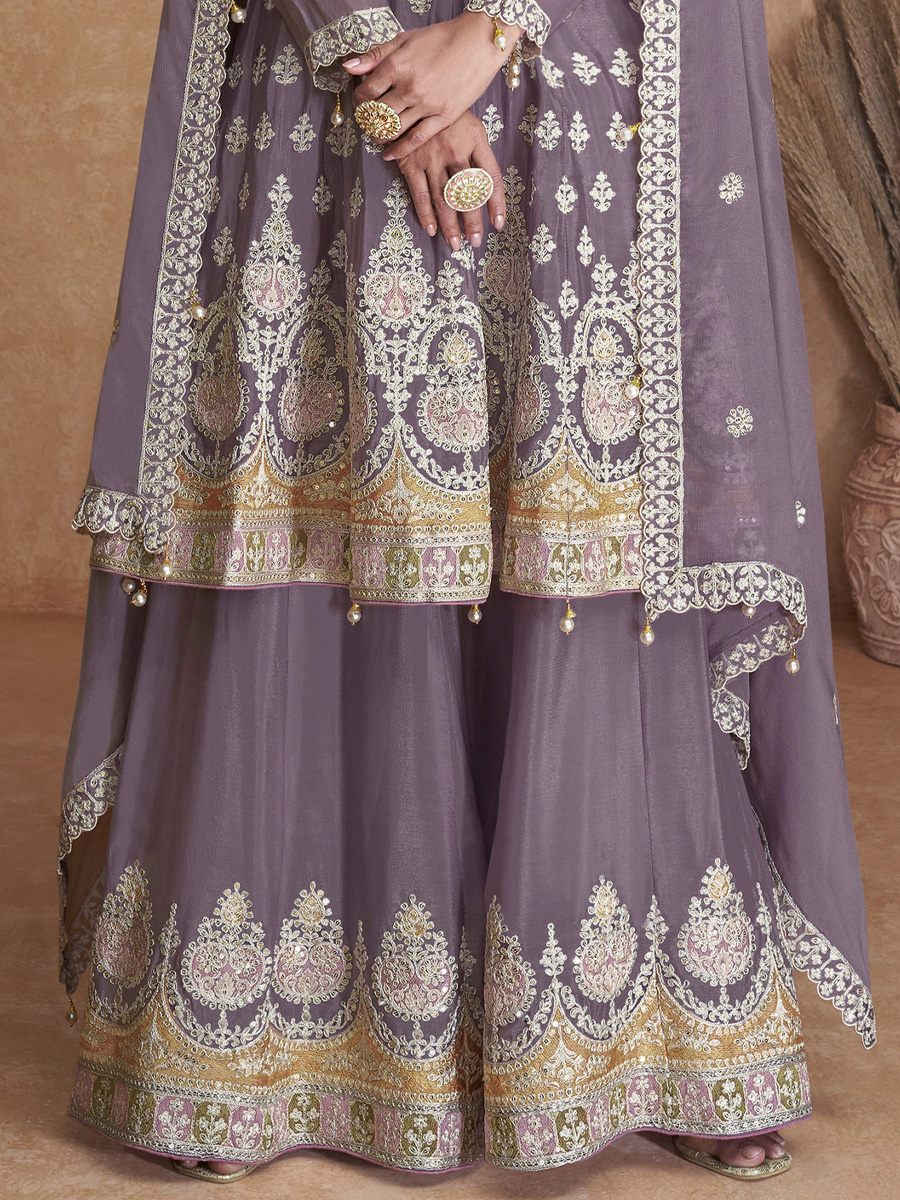 Lavender Heavy Faux Georgette Embroidered Festival Party Palazzo Pant Salwar Kameez
