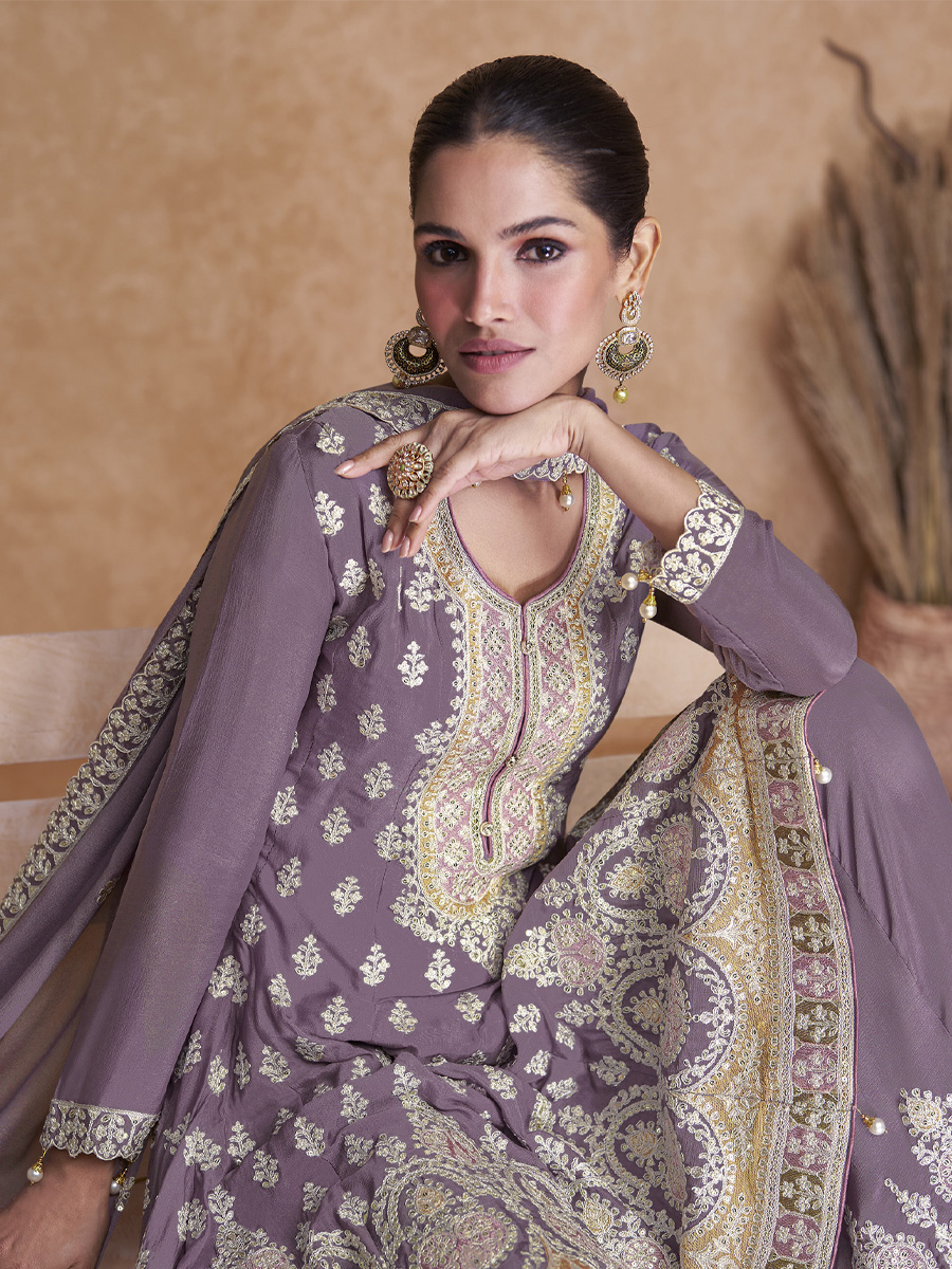 Lavender Heavy Faux Georgette Embroidered Festival Party Palazzo Pant Salwar Kameez