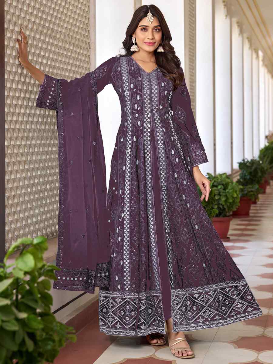 Lavender Heavy Faux Georgette Embroidered Festival Wedding Anarkali Salwar Kameez