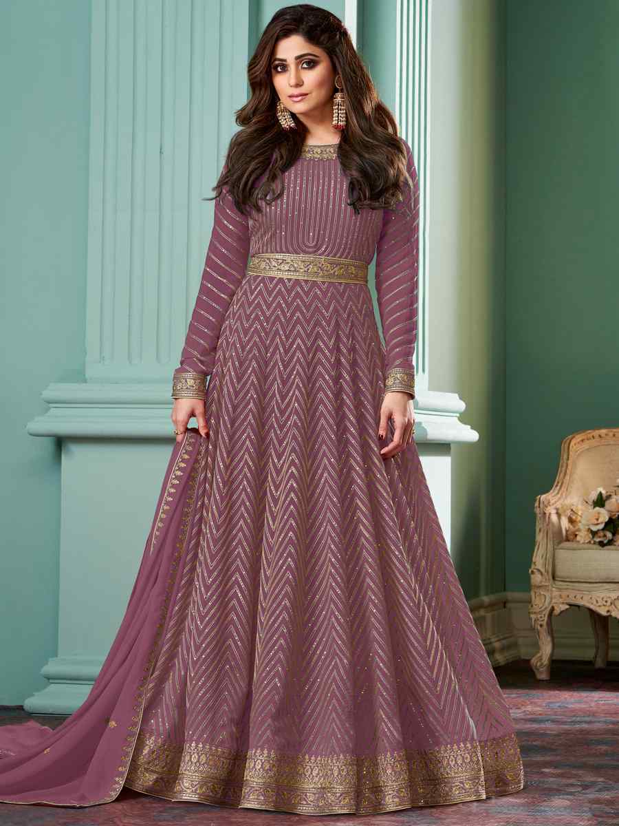 Lavender Heavy Faux Georgette Embroidered Festival Wedding Bollywood Style Anarkali Salwar Kameez