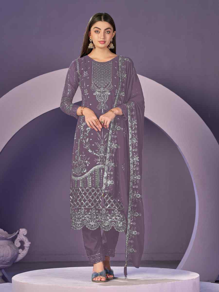 Lavender Heavy Faux Georgette Embroidered Festival Wedding Pant Salwar Kameez