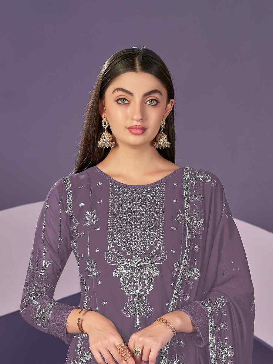 Lavender Heavy Faux Georgette Embroidered Festival Wedding Pant Salwar Kameez