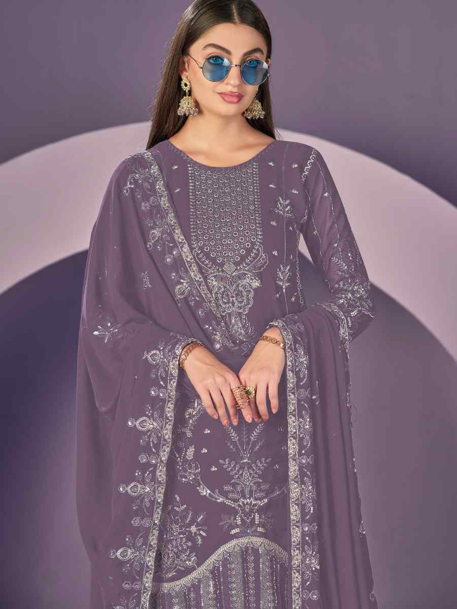 Lavender Heavy Faux Georgette Embroidered Festival Wedding Pant Salwar Kameez