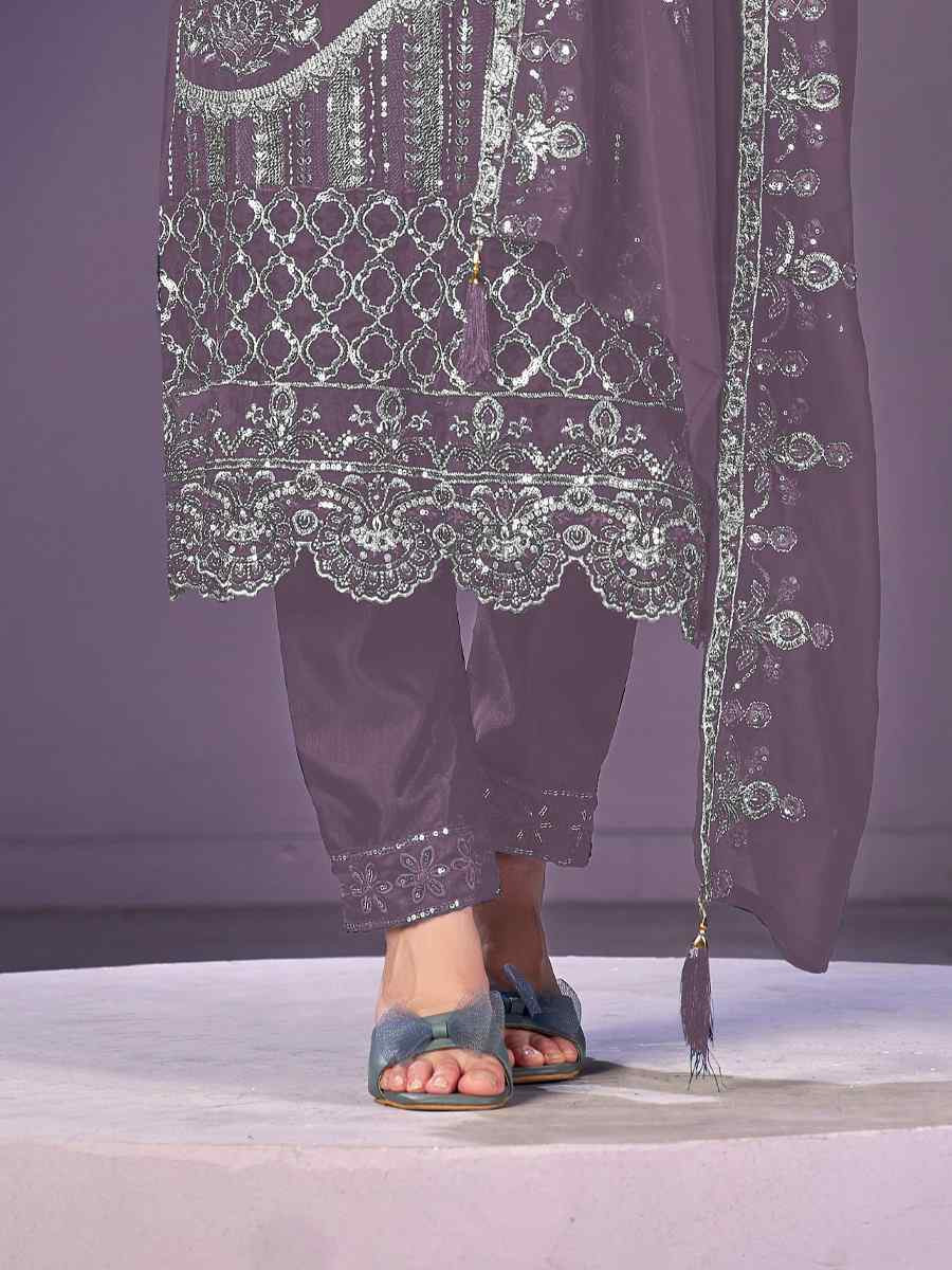 Lavender Heavy Faux Georgette Embroidered Festival Wedding Pant Salwar Kameez