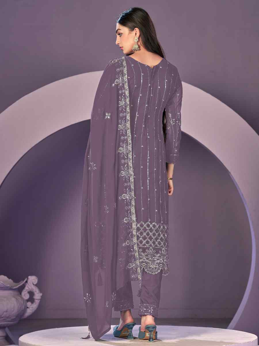 Lavender Heavy Faux Georgette Embroidered Festival Wedding Pant Salwar Kameez