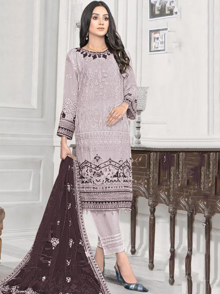 Lavender Heavy Faux Georgette Embroidered Festival Wedding Pant Salwar Kameez