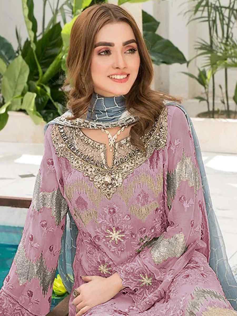 Lavender Heavy Faux Georgette Embroidered Festival Wedding Pant Salwar Kameez