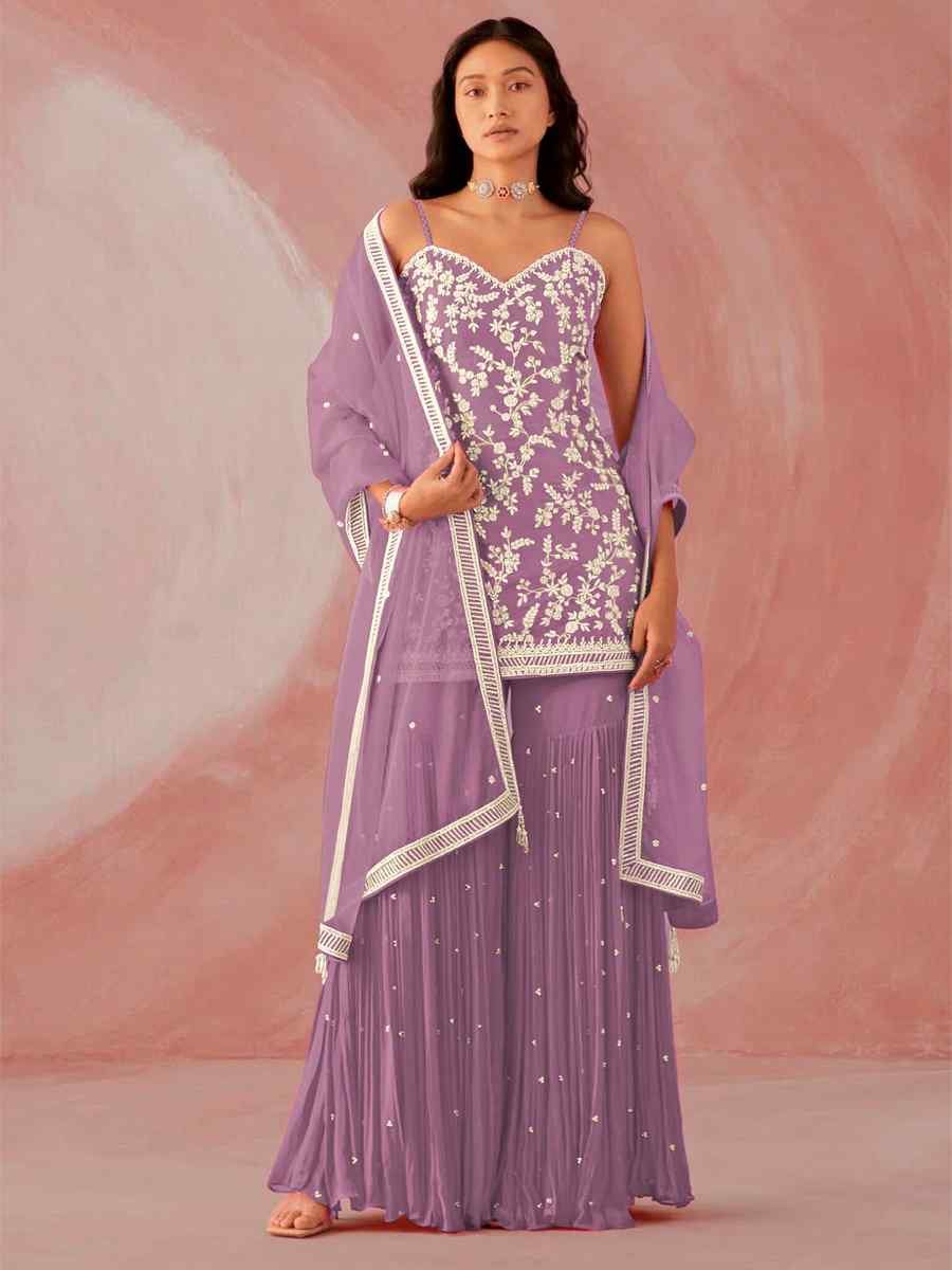 Lavender Heavy Faux Georgette Embroidered Party Festival Palazzo Pant Salwar Kameez