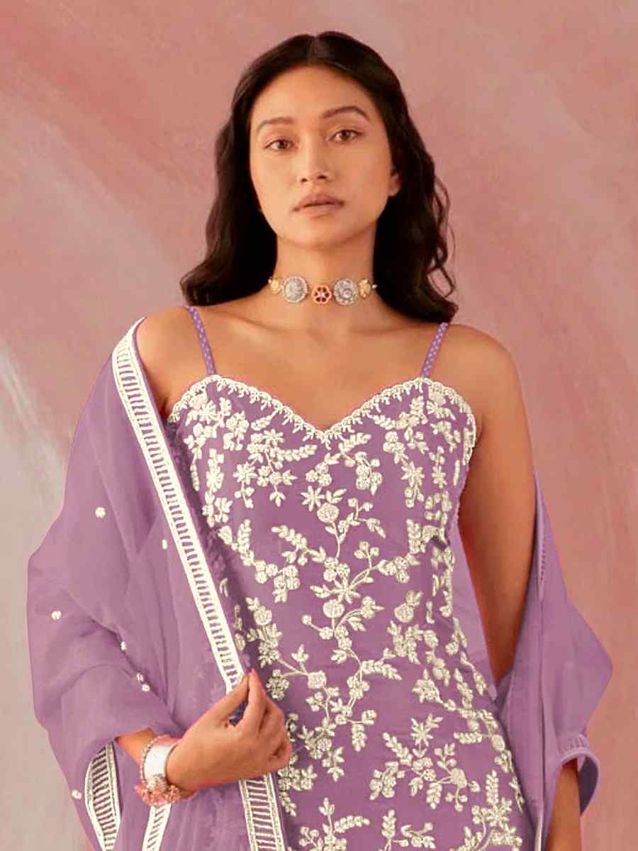 Lavender Heavy Faux Georgette Embroidered Party Festival Palazzo Pant Salwar Kameez