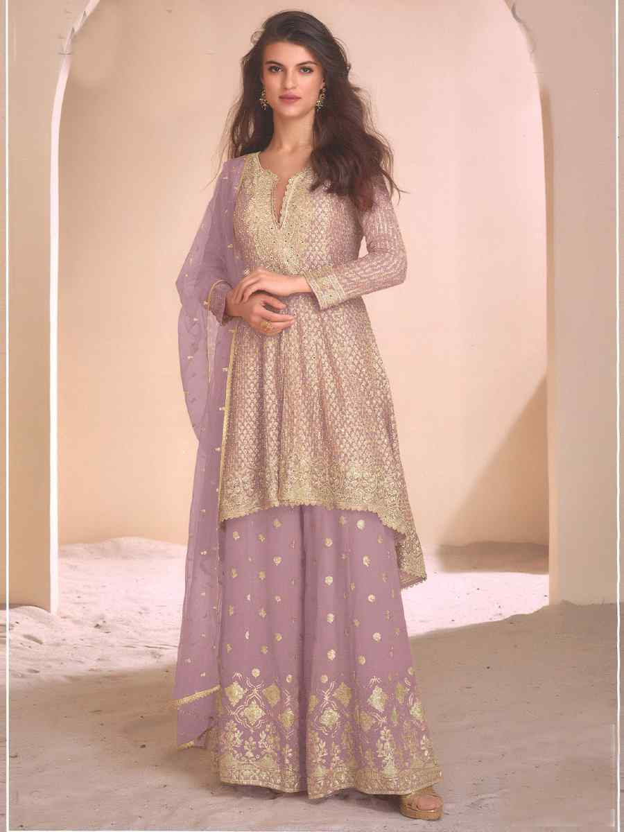 Lavender Heavy Fox Georgette Embroidered Party Wedding Ready Palazzo Pant Salwar Kameez