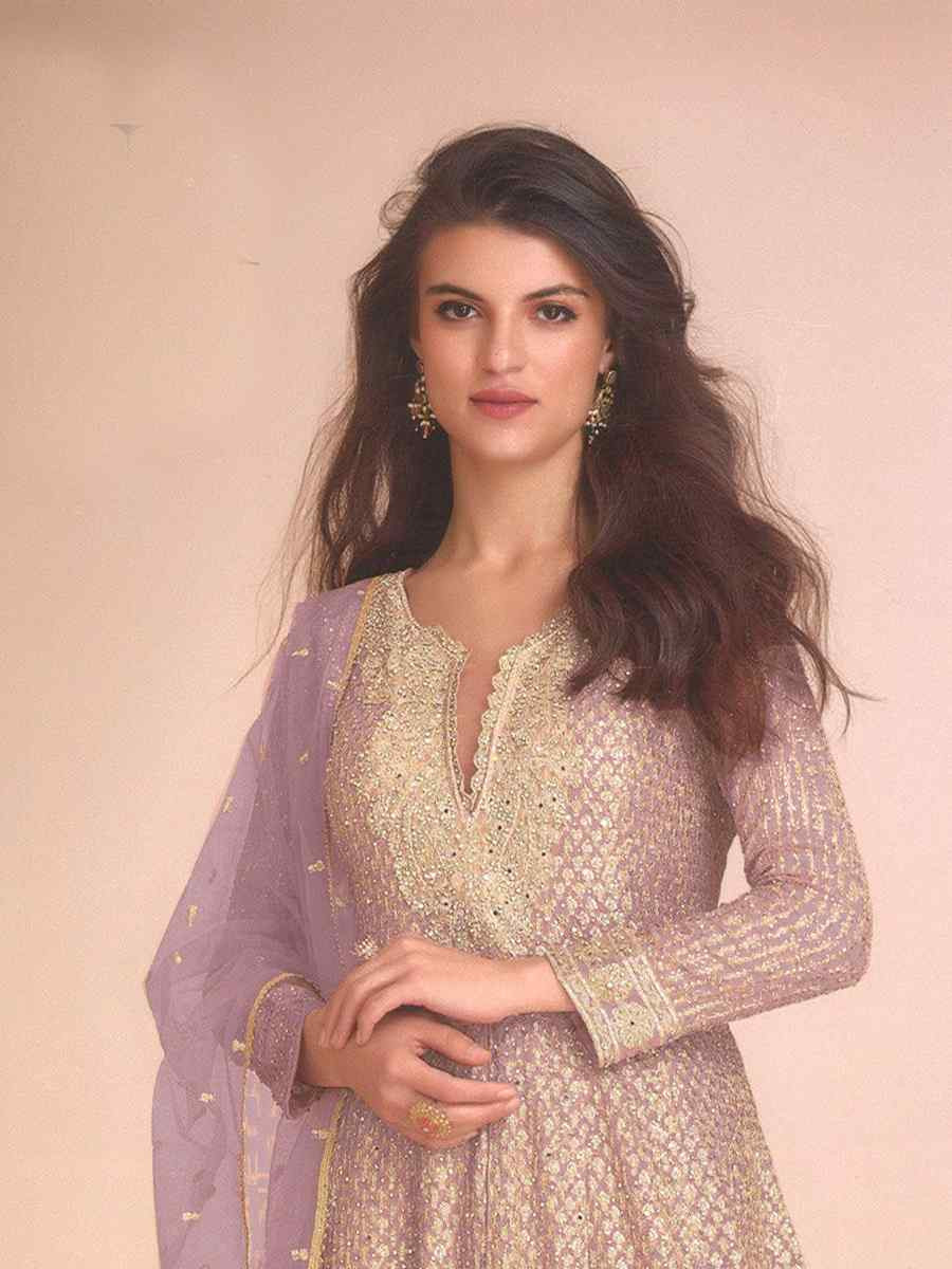 Lavender Heavy Fox Georgette Embroidered Party Wedding Ready Palazzo Pant Salwar Kameez