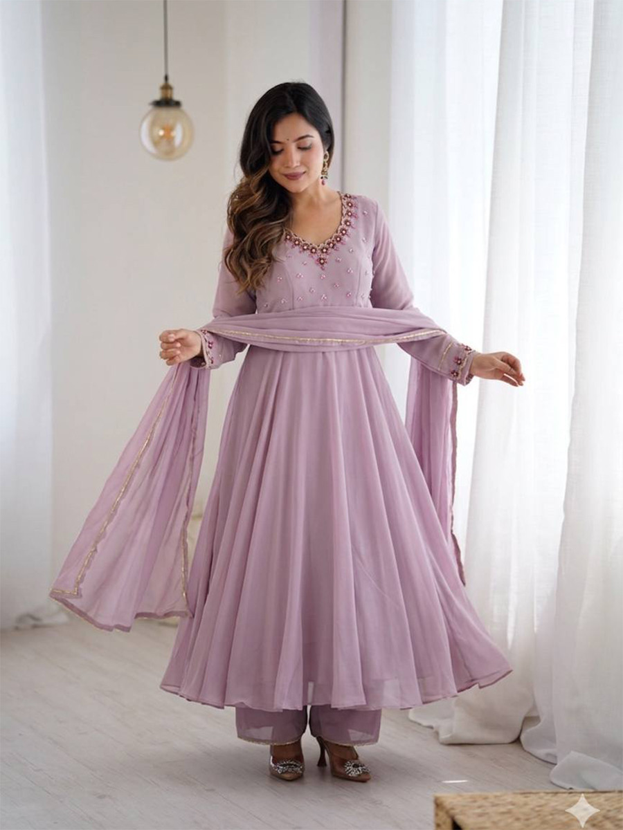 Lavender Heavy Fox Georgette Embroidery Wedding Party Festival Casual Ready Anarkali Palazzo Pant Salwar Kameez