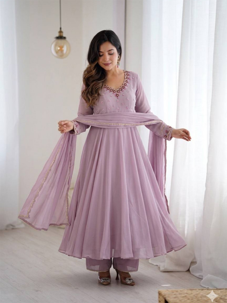 Image of Lavender Heavy Fox Georgette Embroidery Wedding Party Festival Casual Ready Anarkali Palazzo Pant Salwar Kameez