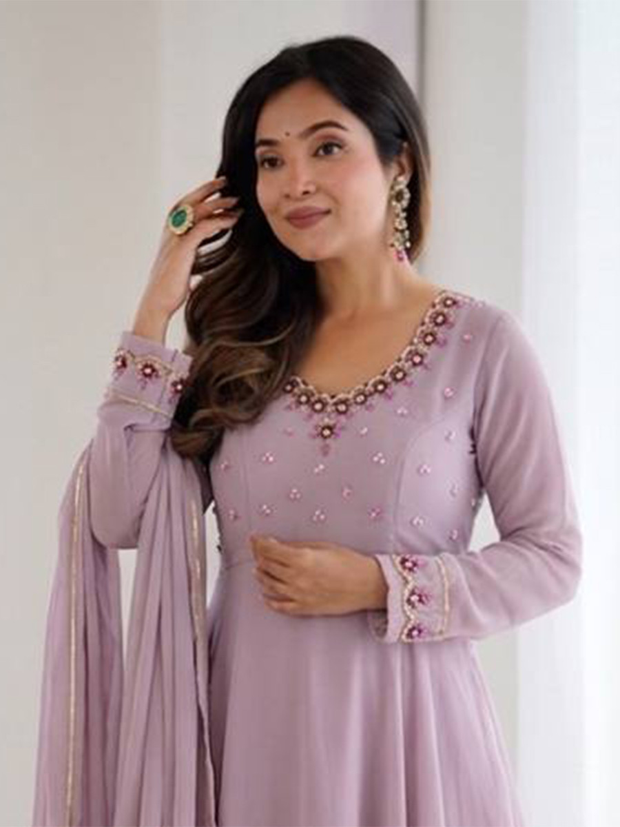 Lavender Heavy Fox Georgette Embroidery Wedding Party Festival Casual Ready Anarkali Palazzo Pant Salwar Kameez