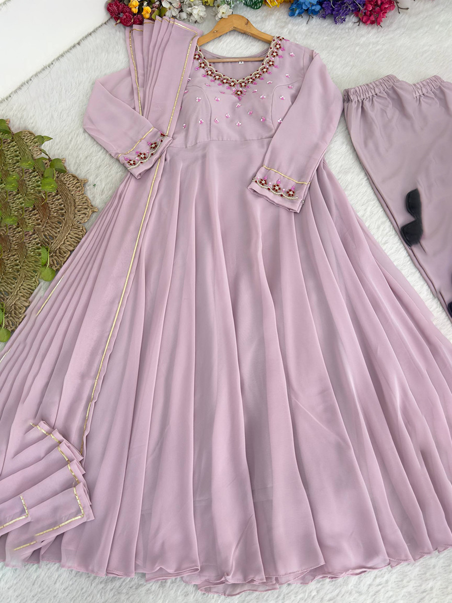 Lavender Heavy Fox Georgette Embroidery Wedding Party Festival Casual Ready Anarkali Palazzo Pant Salwar Kameez