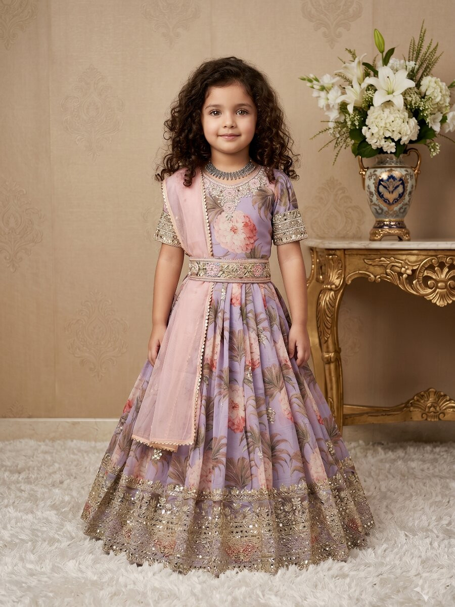 Lavender Heavy Fox Georgette Printed Embroidered Sequins Ethnic Casual Festival Party Wedding Gown