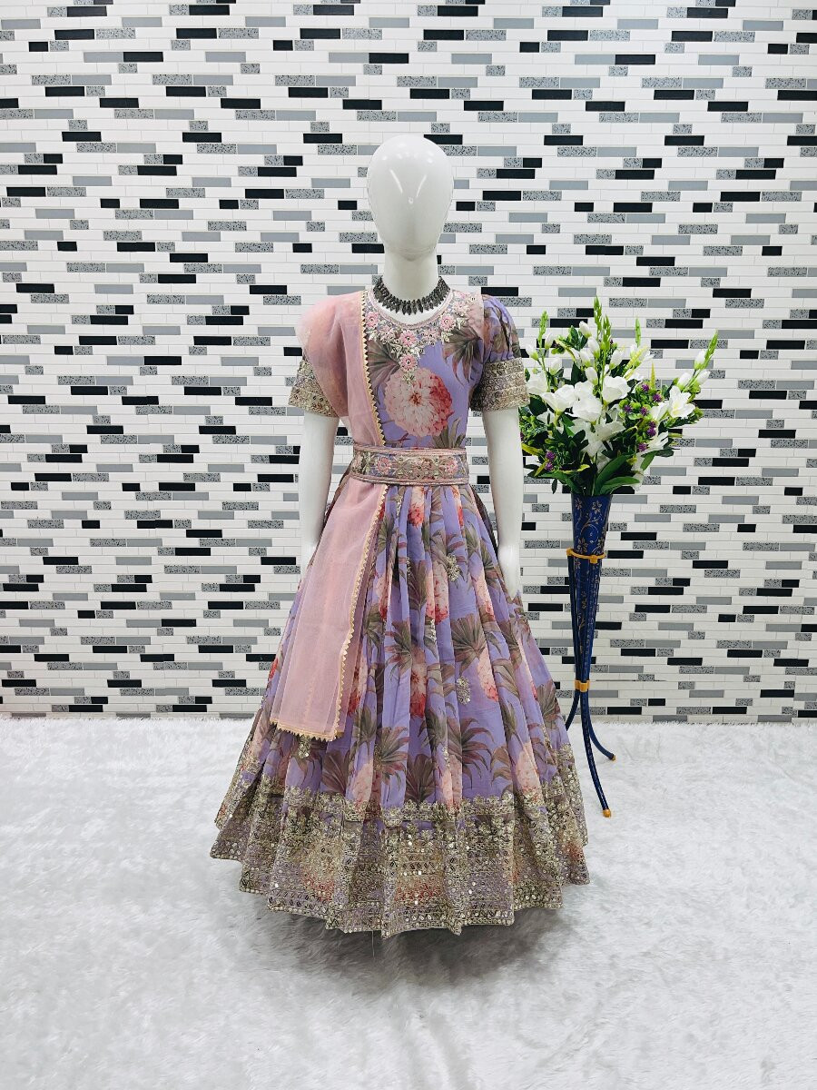 Lavender Heavy Fox Georgette Printed Embroidered Sequins Ethnic Casual Festival Party Wedding Gown