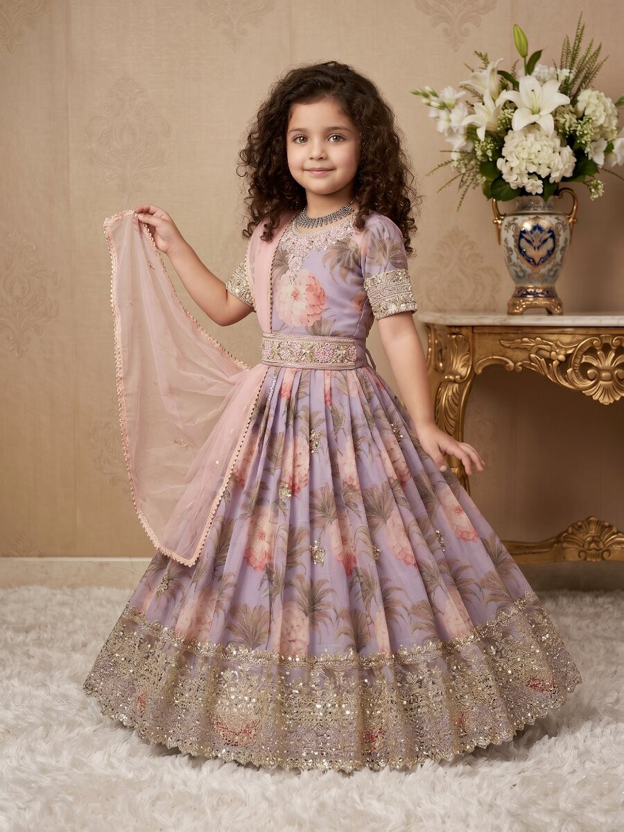 Lavender Heavy Fox Georgette Printed Embroidered Sequins Ethnic Casual Festival Party Wedding Gown