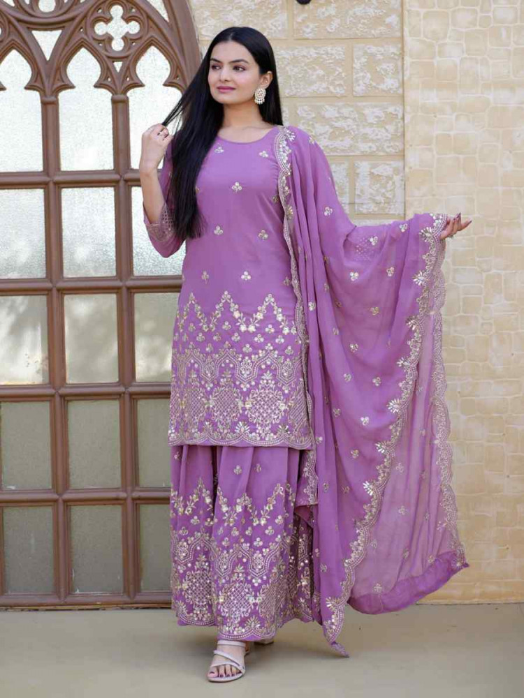 Lavender Heavy Georgette Embroidered Party Casual Ready Palazzo Pant Salwar Kameez
