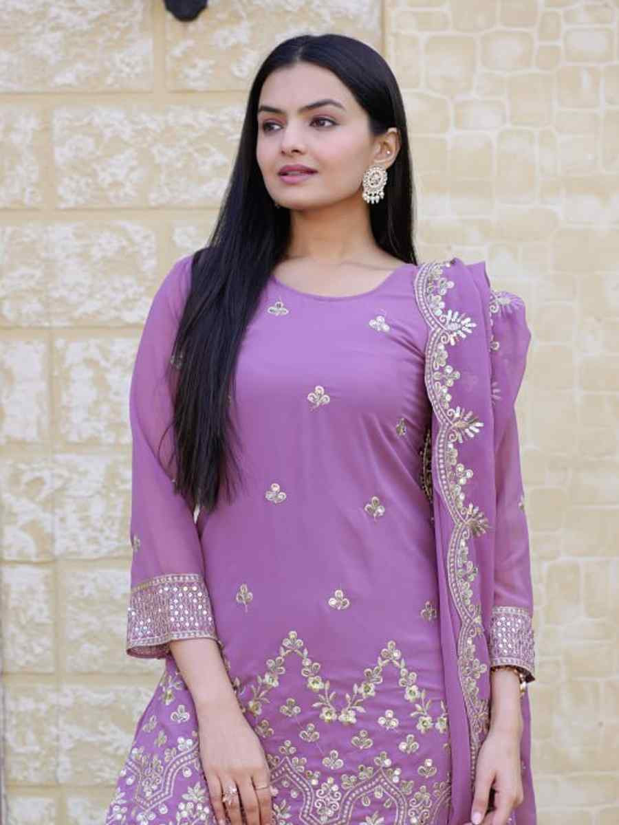 Lavender Heavy Georgette Embroidered Party Casual Ready Palazzo Pant Salwar Kameez