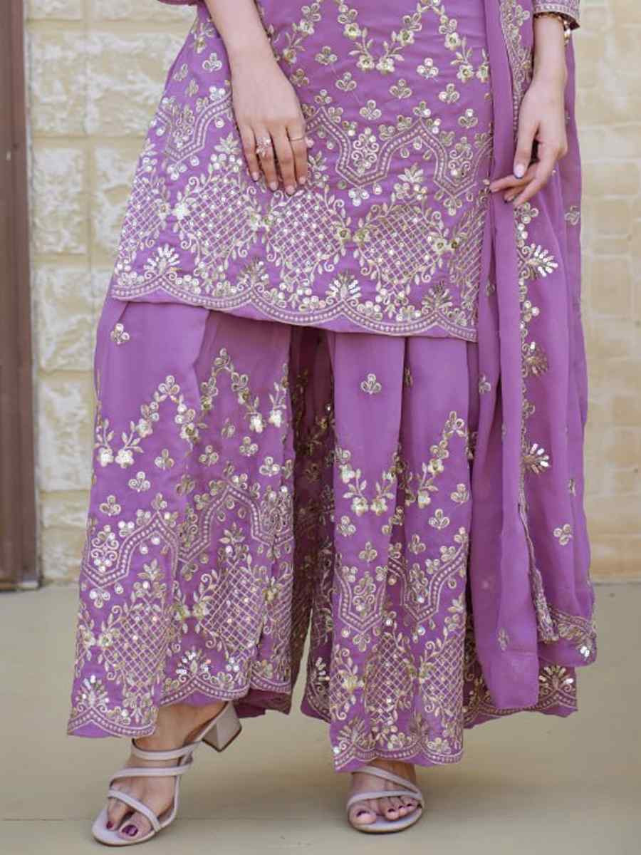 Lavender Heavy Georgette Embroidered Party Casual Ready Palazzo Pant Salwar Kameez
