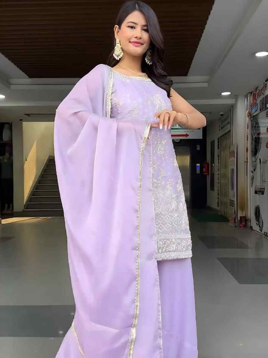 Lavender Heavy Georgette Embroidery Party Wedding Festival Casual Ready Palazzo Pant Salwar Kameez