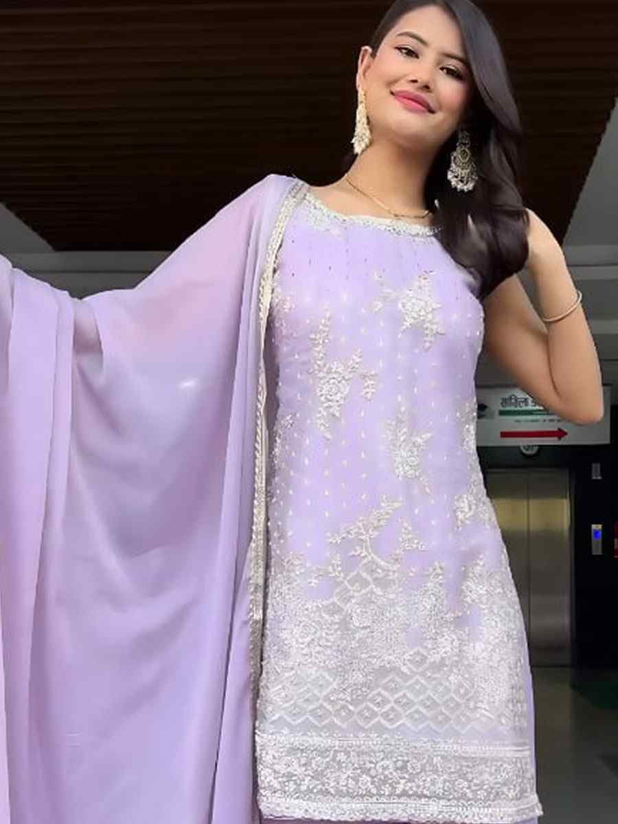 Lavender Heavy Georgette Embroidery Party Wedding Festival Casual Ready Palazzo Pant Salwar Kameez