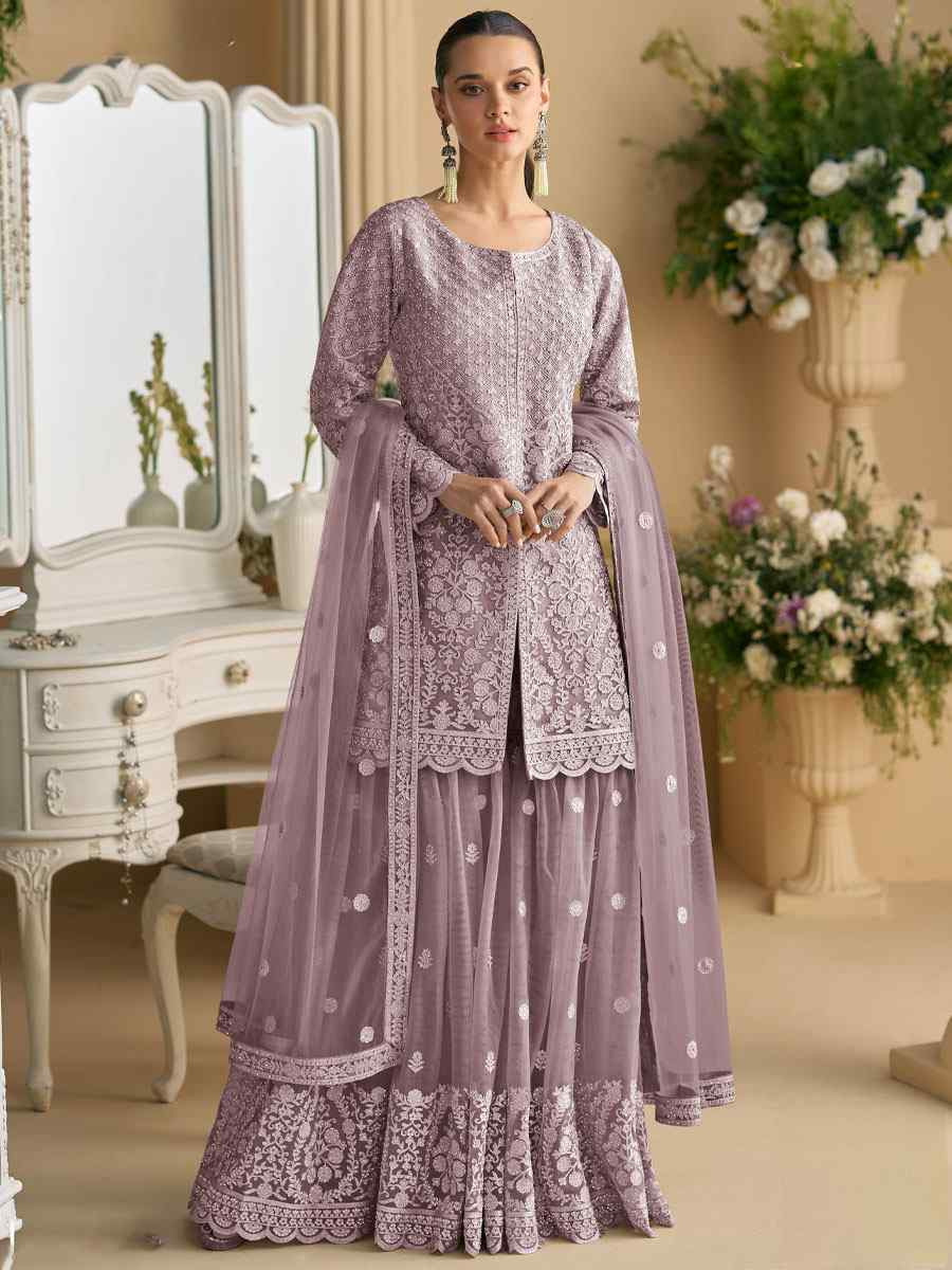 Lavender Heavy Net Embroidery Party Wedding Festival Casual Ready Sharara Pant Salwar Kameez