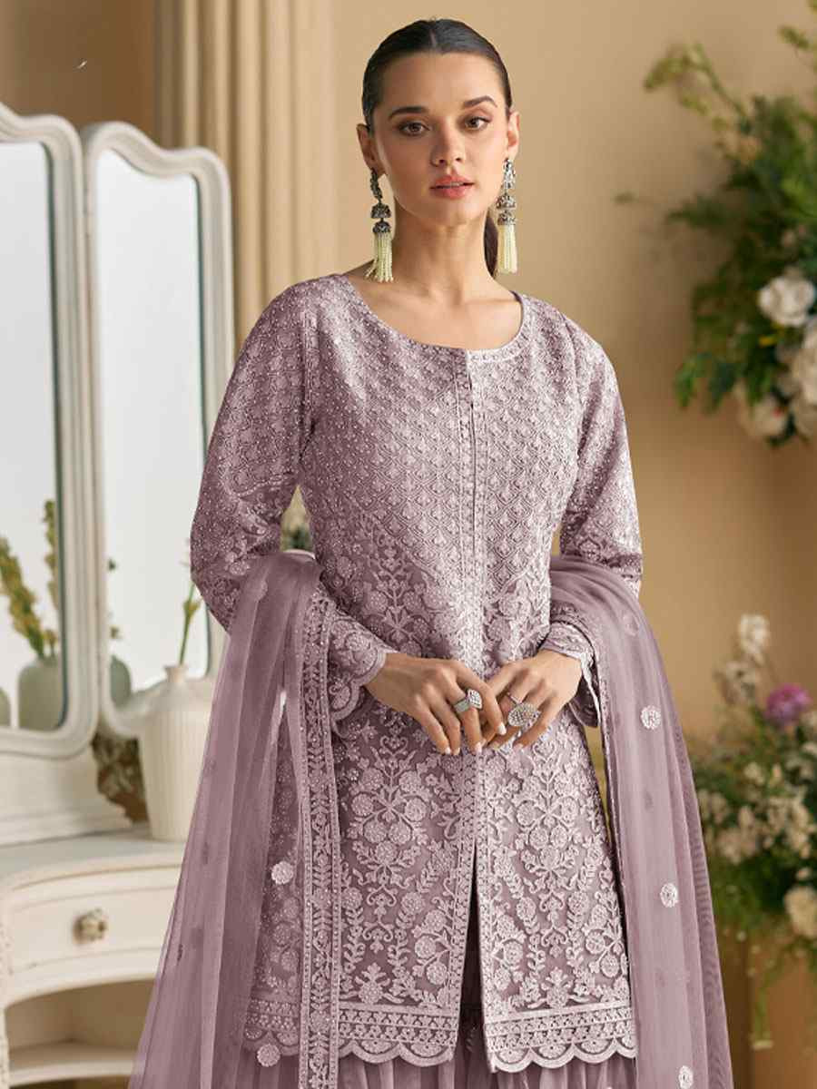 Lavender Heavy Net Embroidery Party Wedding Festival Casual Ready Sharara Pant Salwar Kameez