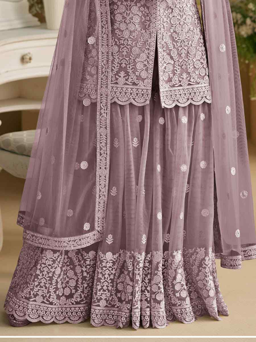 Lavender Heavy Net Embroidery Party Wedding Festival Casual Ready Sharara Pant Salwar Kameez