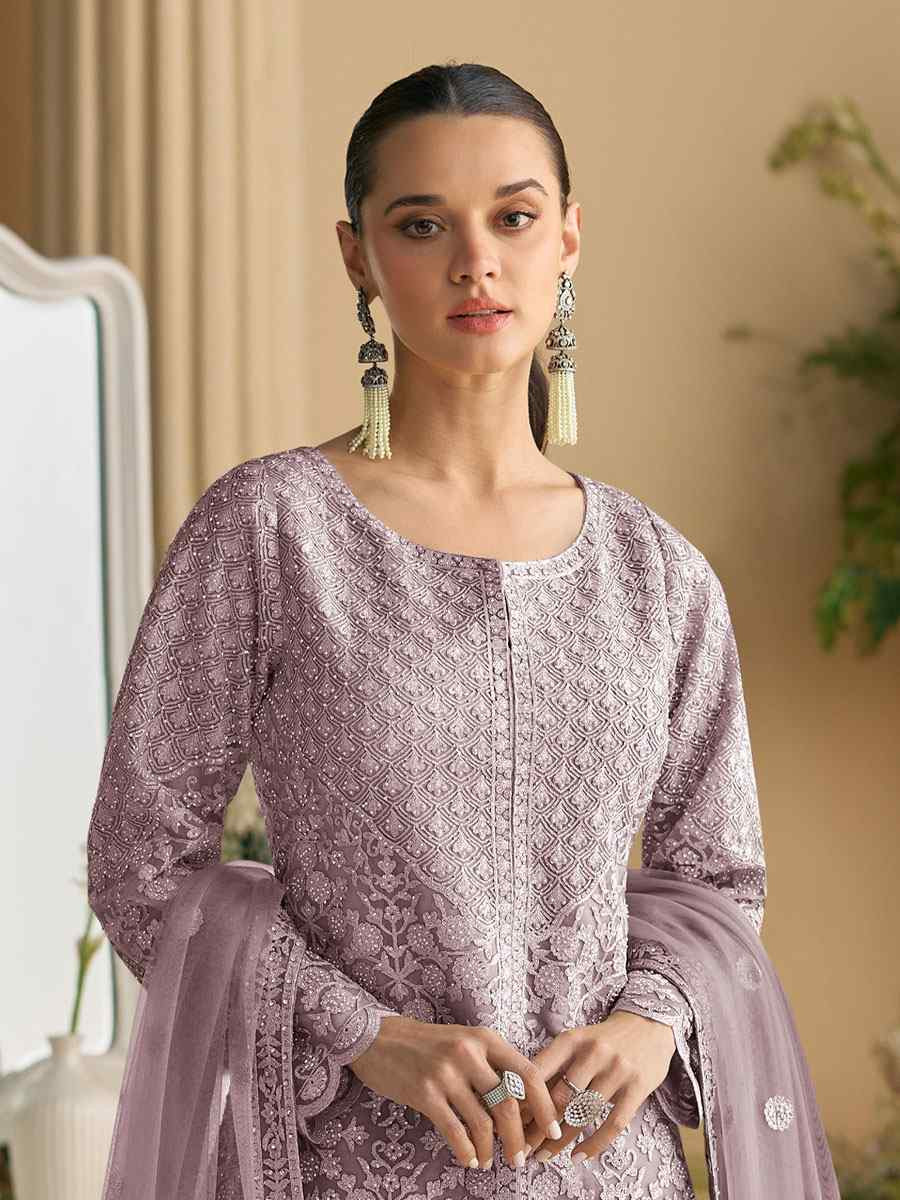 Lavender Heavy Net Embroidery Party Wedding Festival Casual Ready Sharara Pant Salwar Kameez