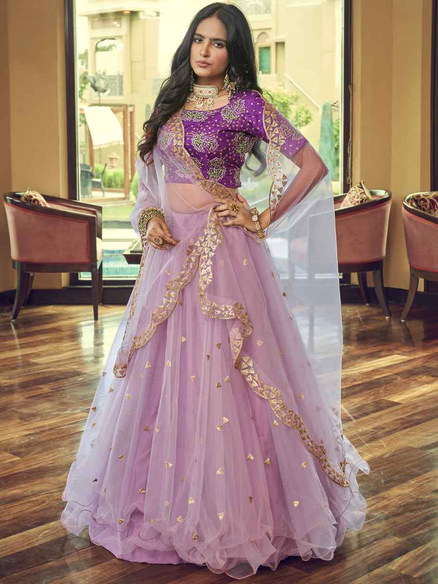 Lavender Heavy Nylon Net Embroidered Party Wear Festival Circular Lehenga Choli
