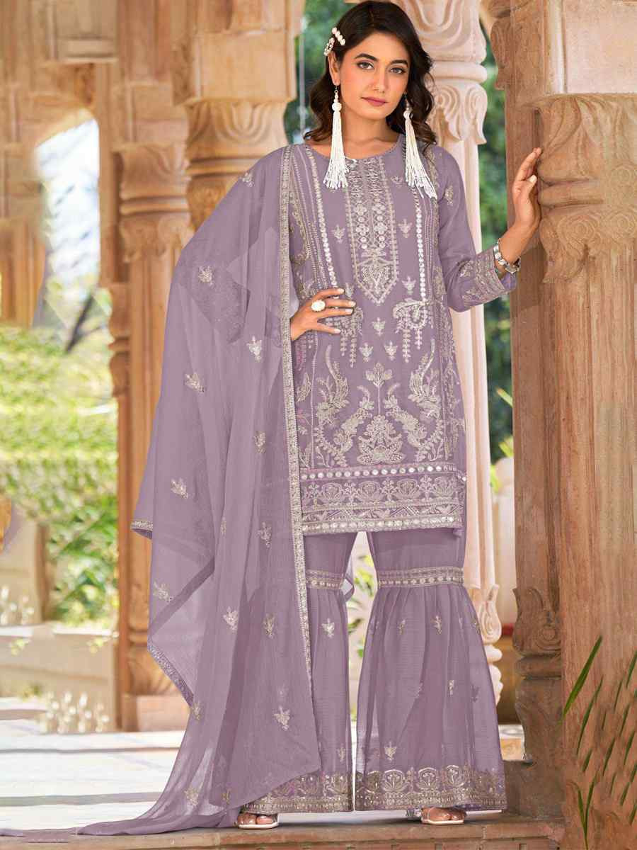 Lavender Heavy Nylon Organza Embroidered Festival Wedding Sharara Pant Salwar Kameez