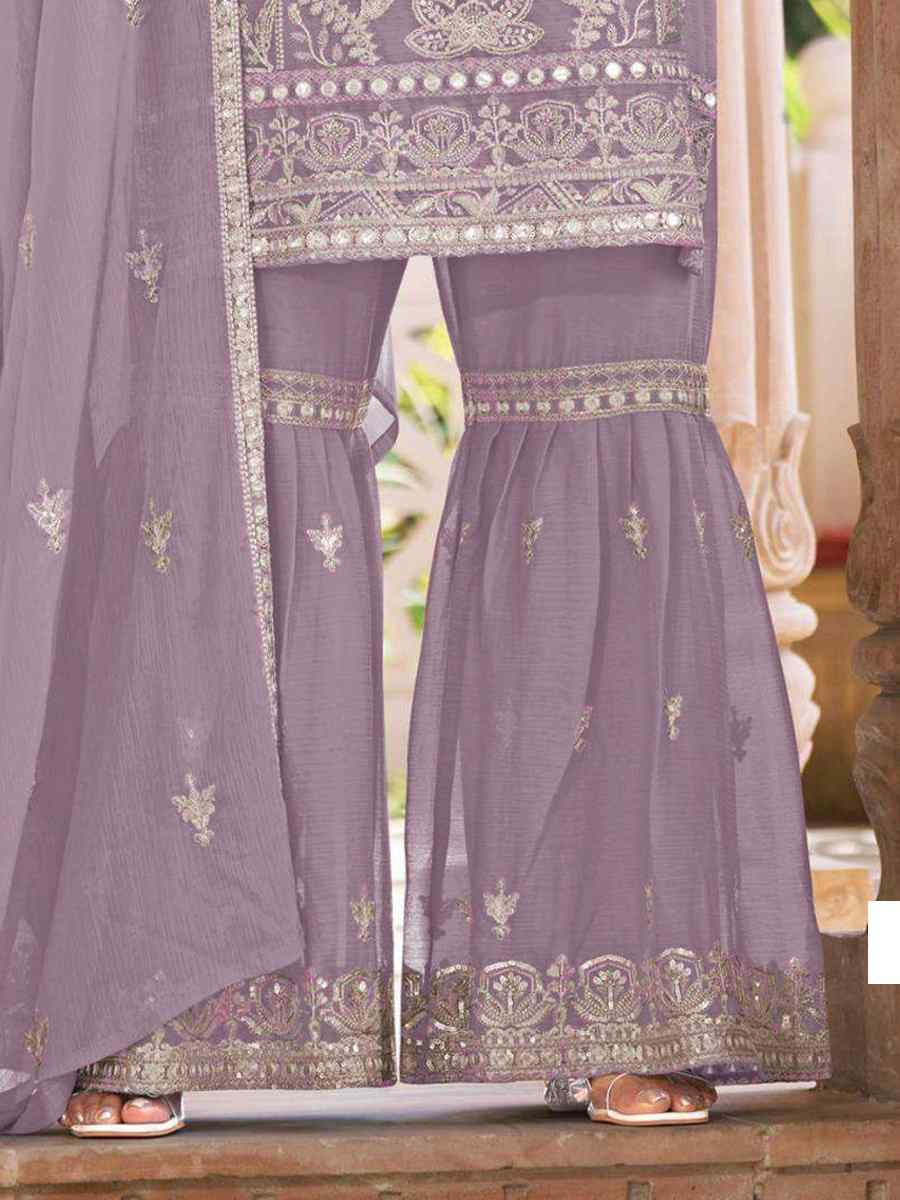 Lavender Heavy Nylon Organza Embroidered Festival Wedding Sharara Pant Salwar Kameez