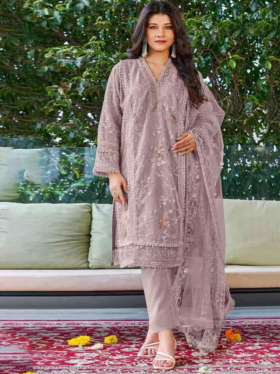 Lavender Heavy Organza Embroidered Festival Casual Pant Salwar Kameez