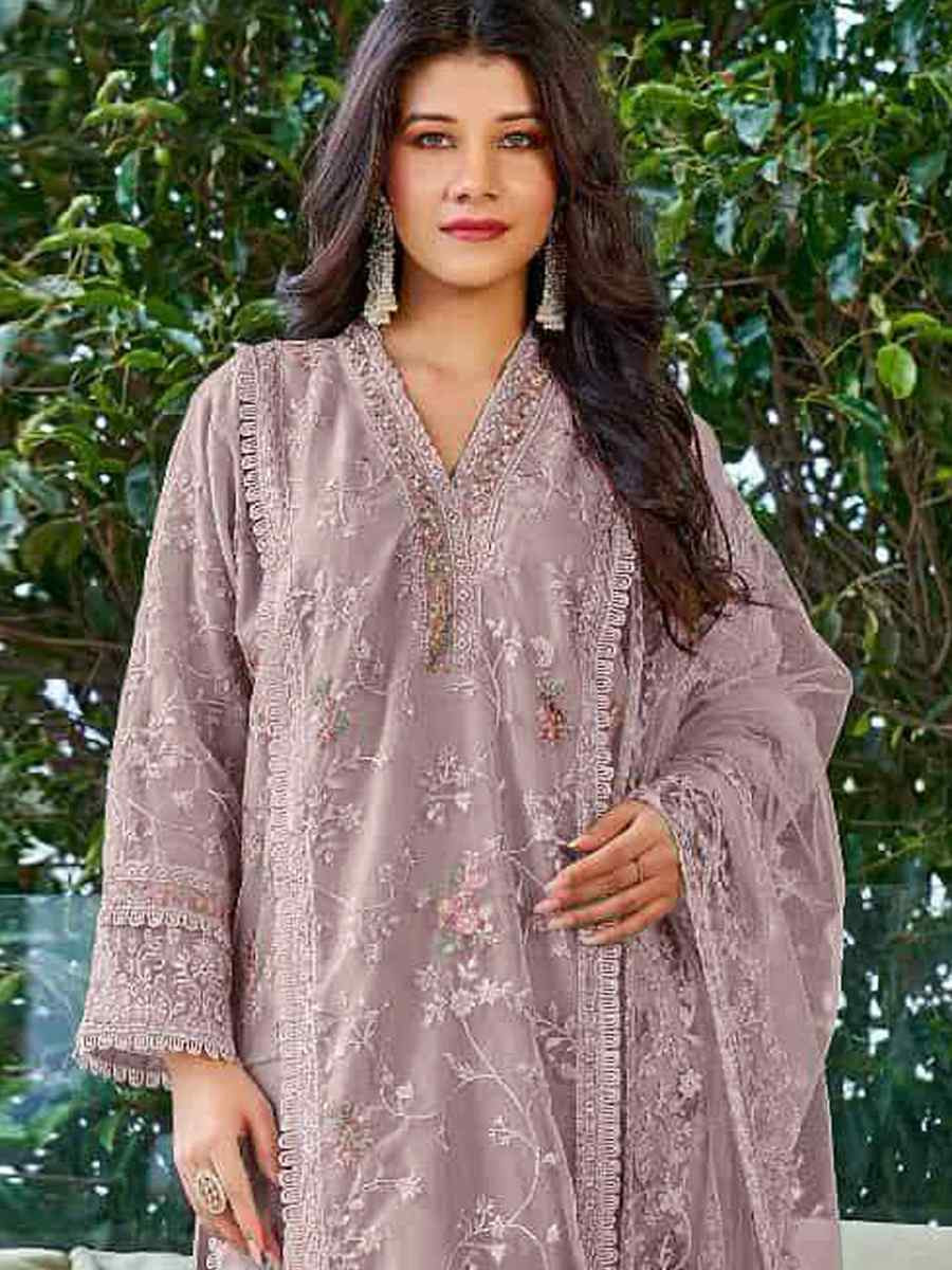 Lavender Heavy Organza Embroidered Festival Casual Pant Salwar Kameez