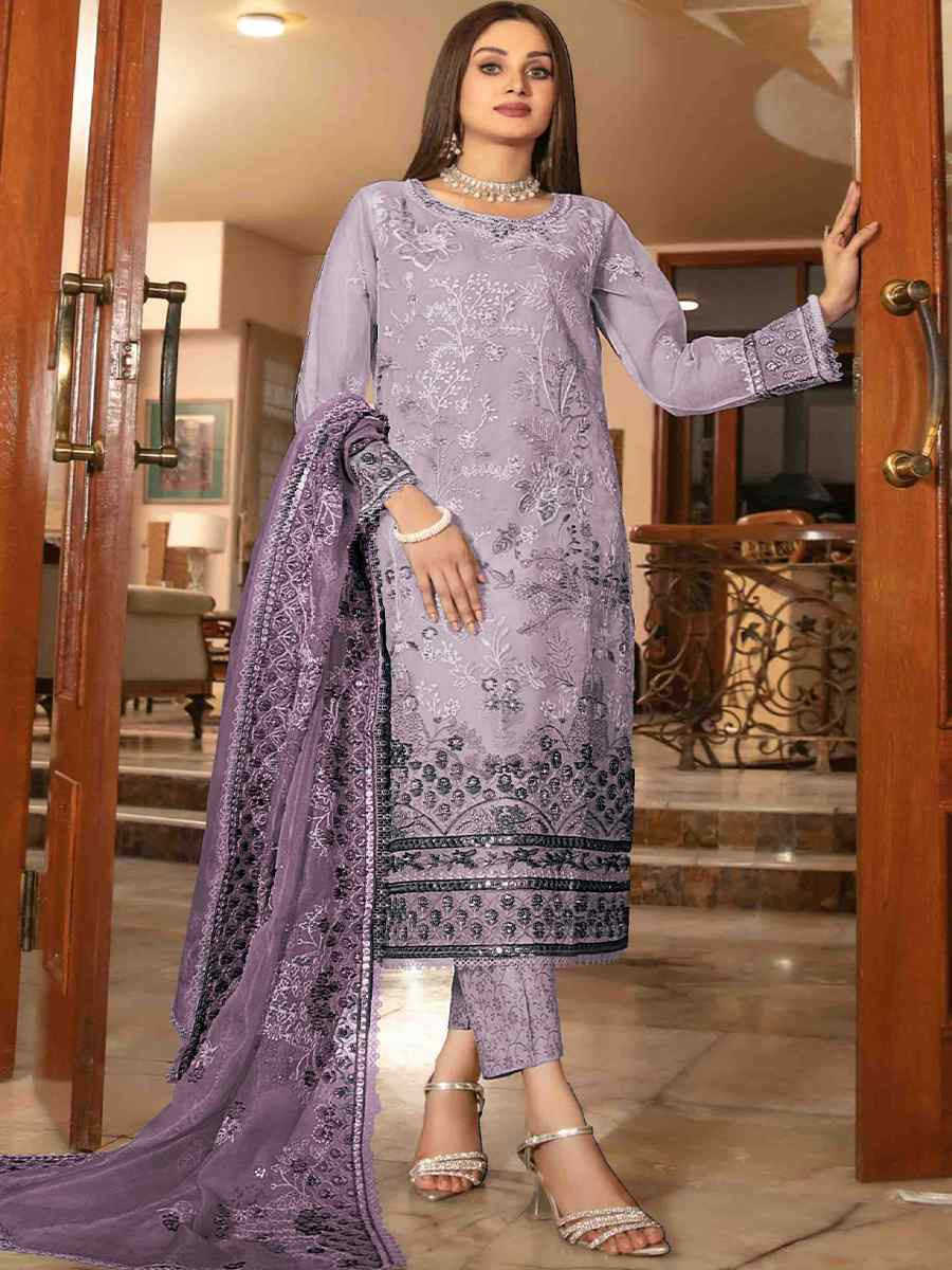 Lavender Heavy Organza Embroidered Festival Casual Pant Salwar Kameez