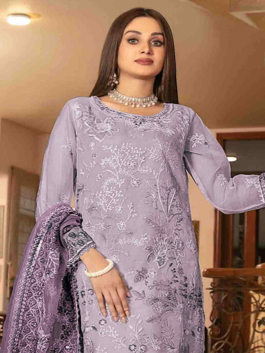 Lavender Heavy Organza Embroidered Festival Casual Pant Salwar Kameez