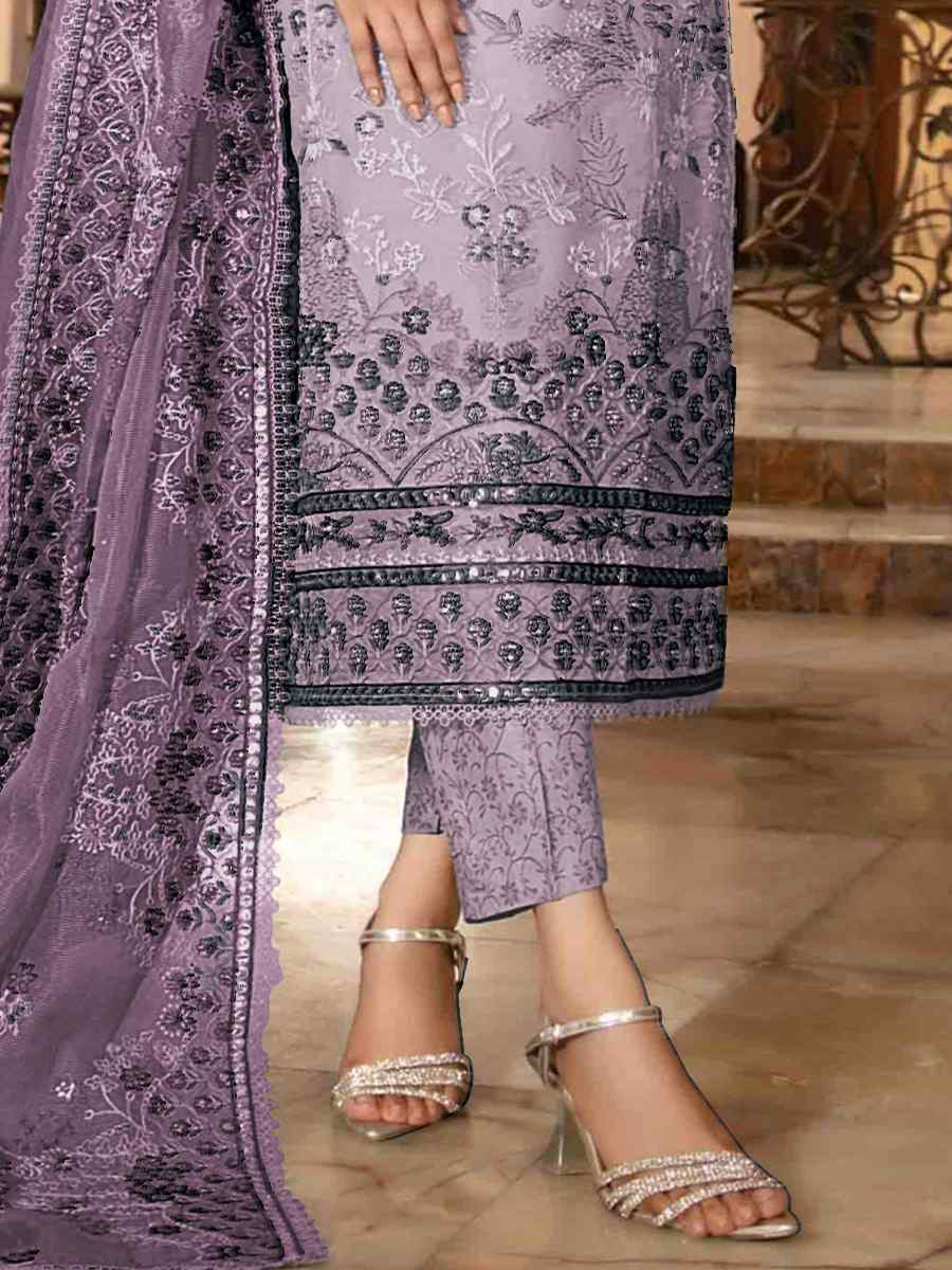Lavender Heavy Organza Embroidered Festival Casual Pant Salwar Kameez