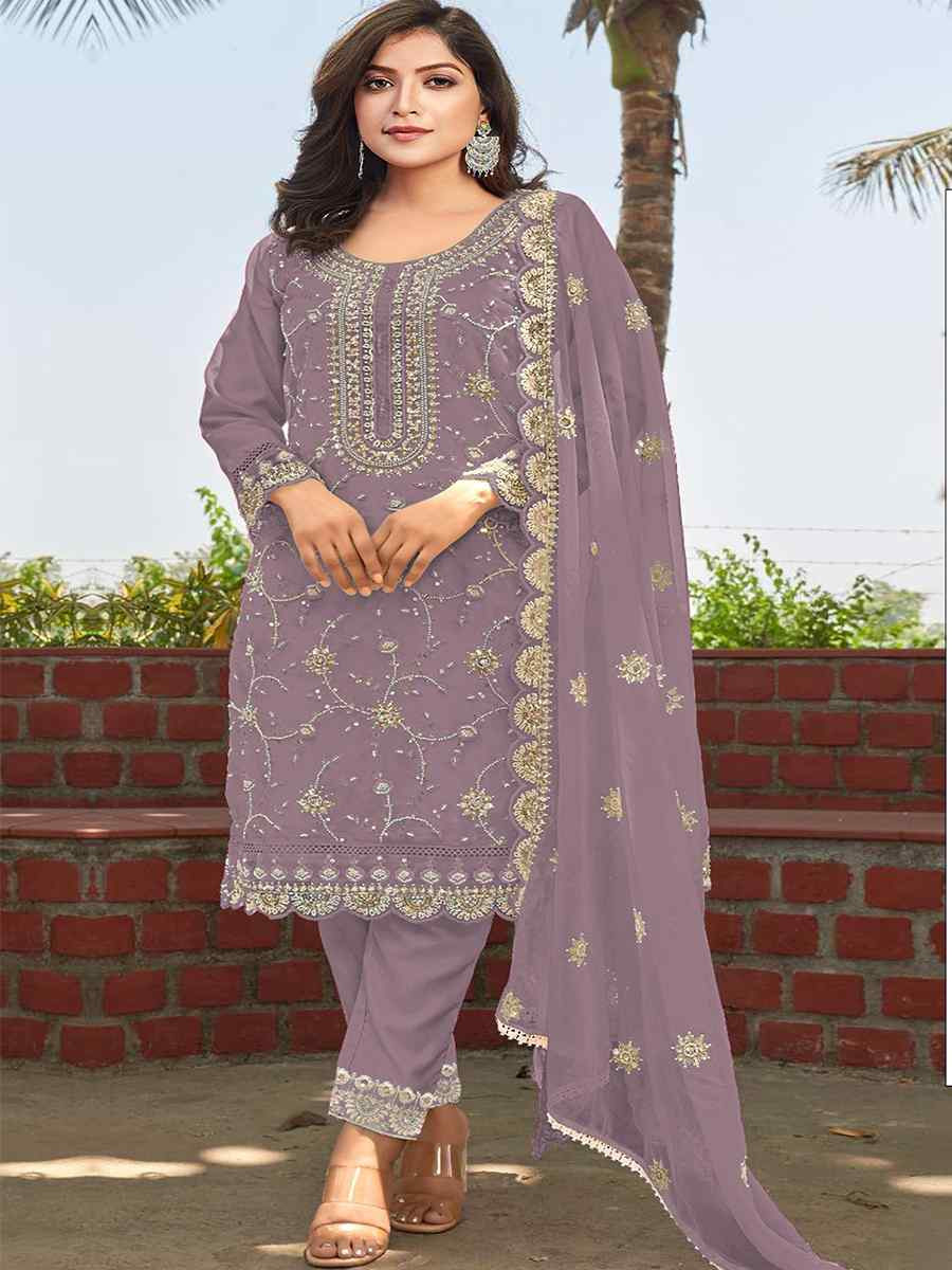 Lavender Heavy Organza Embroidered Festival Wedding Pant Salwar Kameez