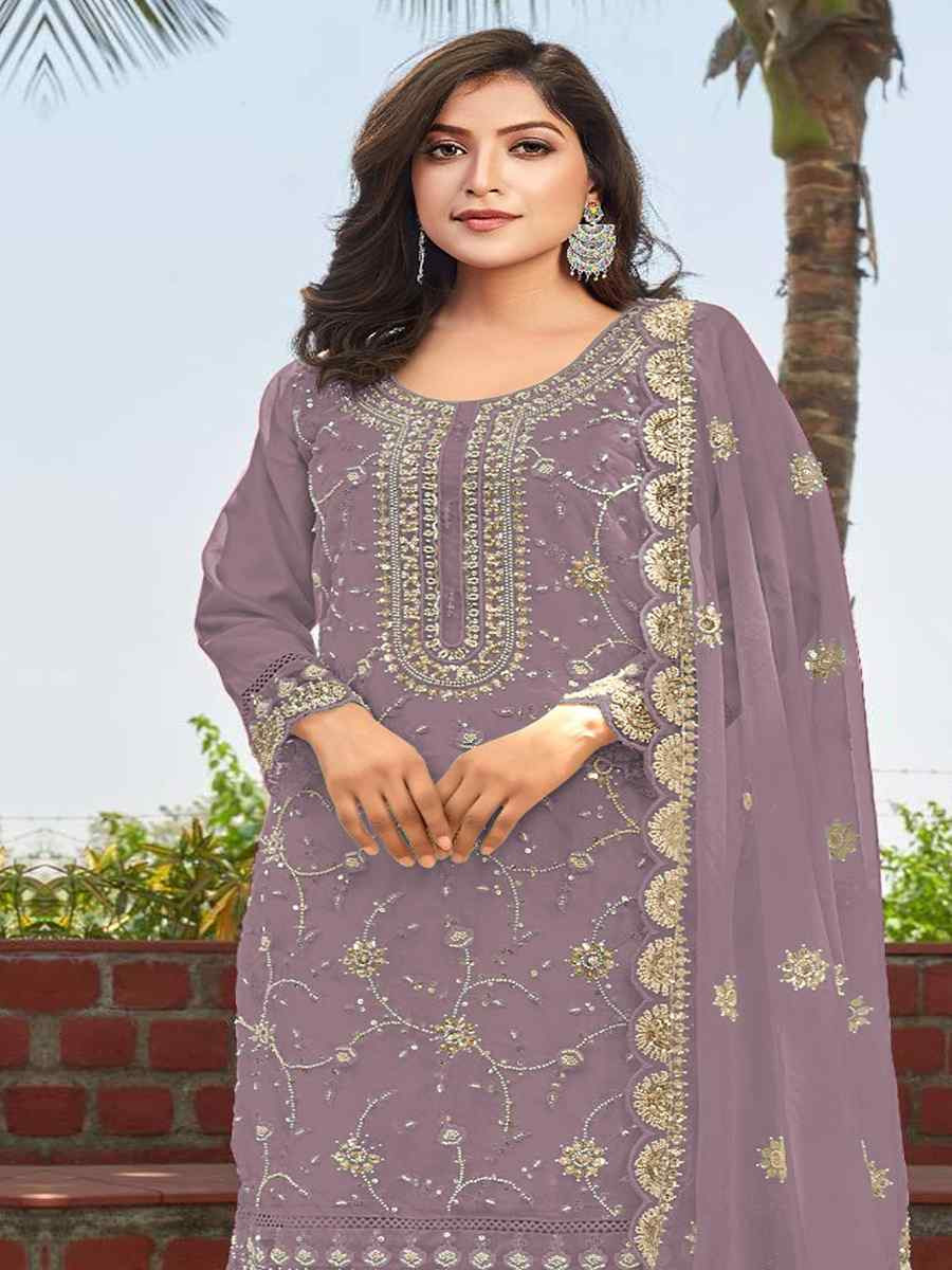 Lavender Heavy Organza Embroidered Festival Wedding Pant Salwar Kameez