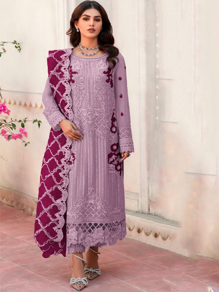 Lavender Heavy Organza Embroidered Festival Wedding Pant Salwar Kameez