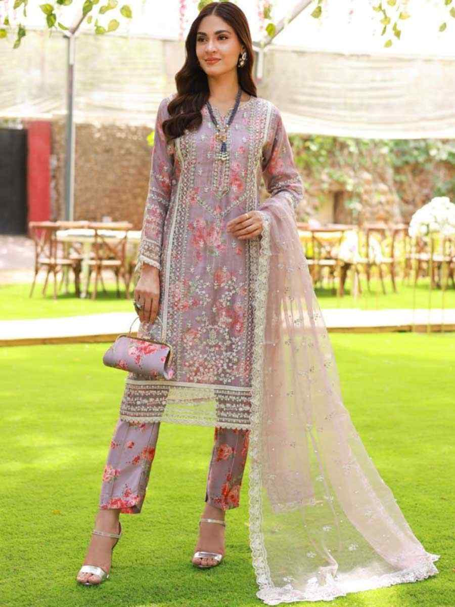Lavender Heavy Organza Silk Embroidered Festival Wedding Pant Salwar Kameez
