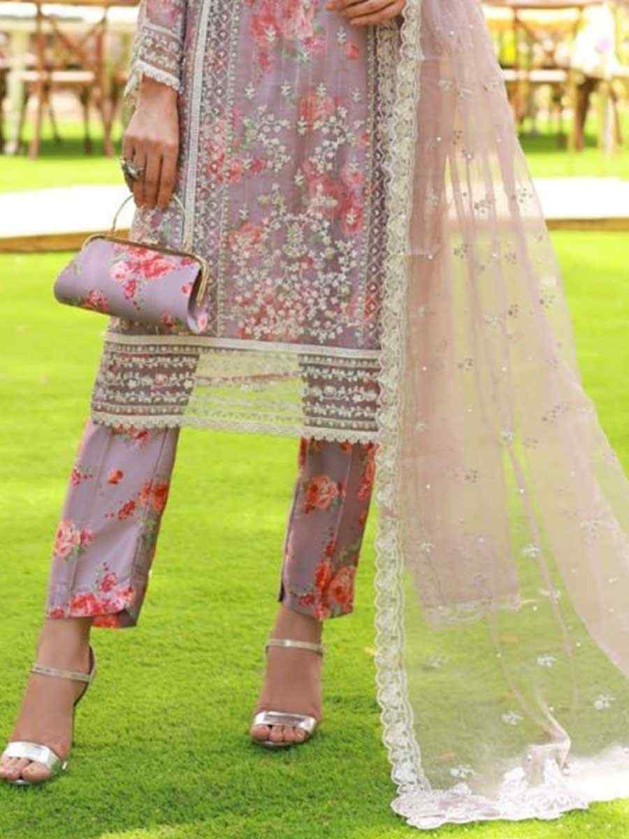 Lavender Heavy Organza Silk Embroidered Festival Wedding Pant Salwar Kameez