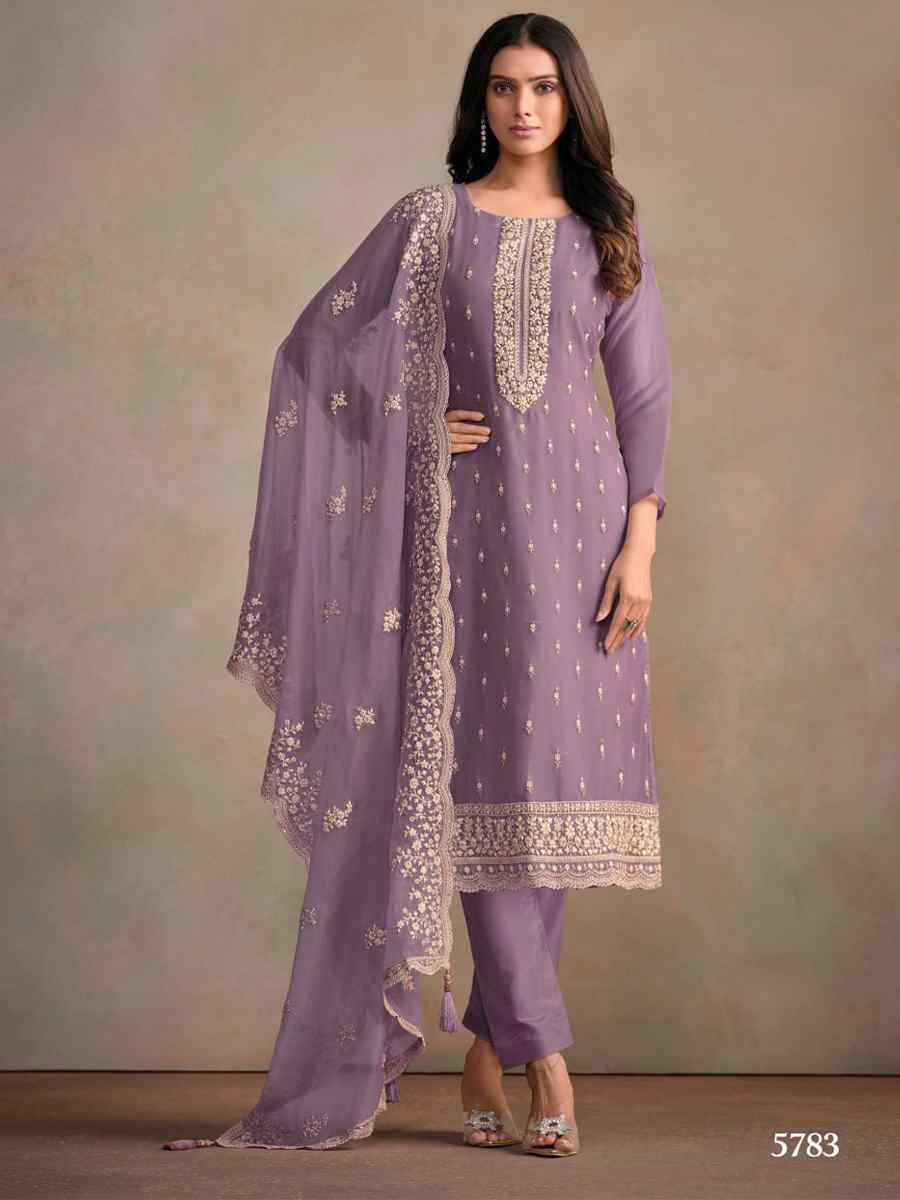 Lavender Heavy Orgnza Silk Embroidered Festival Casual Pant Salwar Kameez
