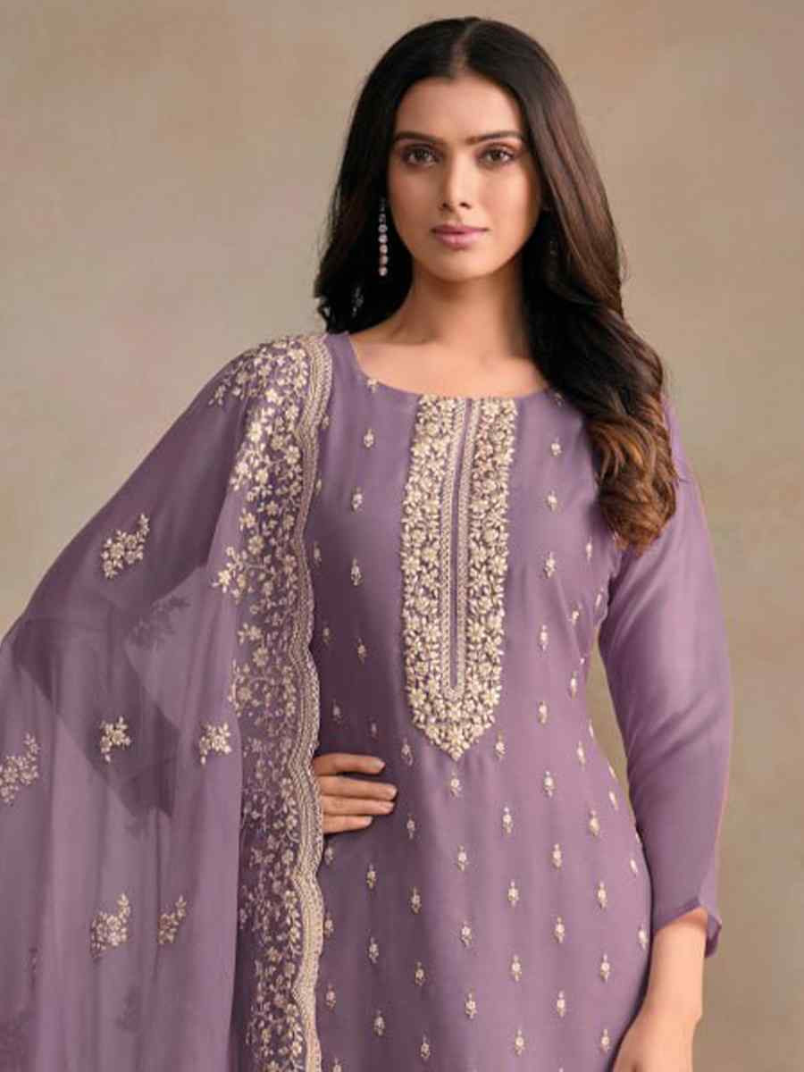 Lavender Heavy Orgnza Silk Embroidered Festival Casual Pant Salwar Kameez