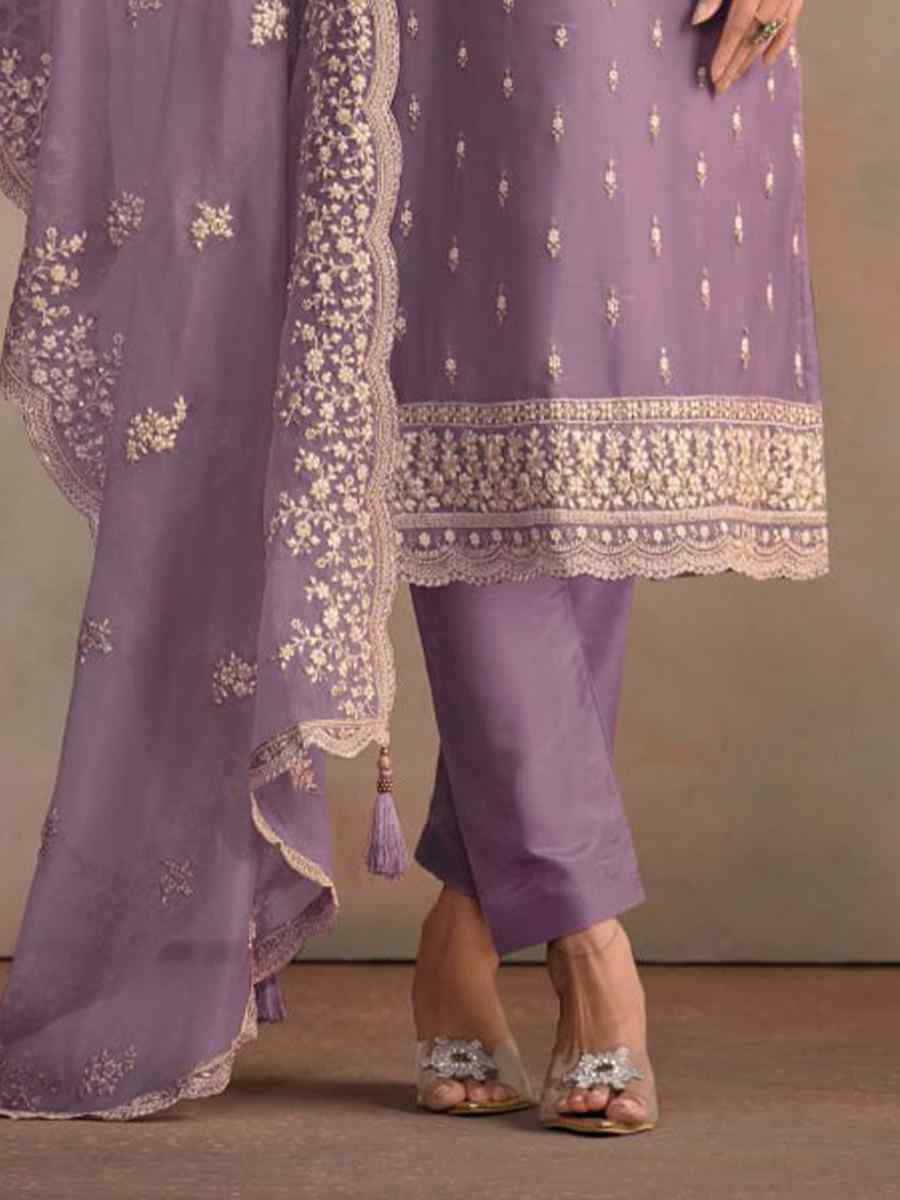 Lavender Heavy Orgnza Silk Embroidered Festival Casual Pant Salwar Kameez