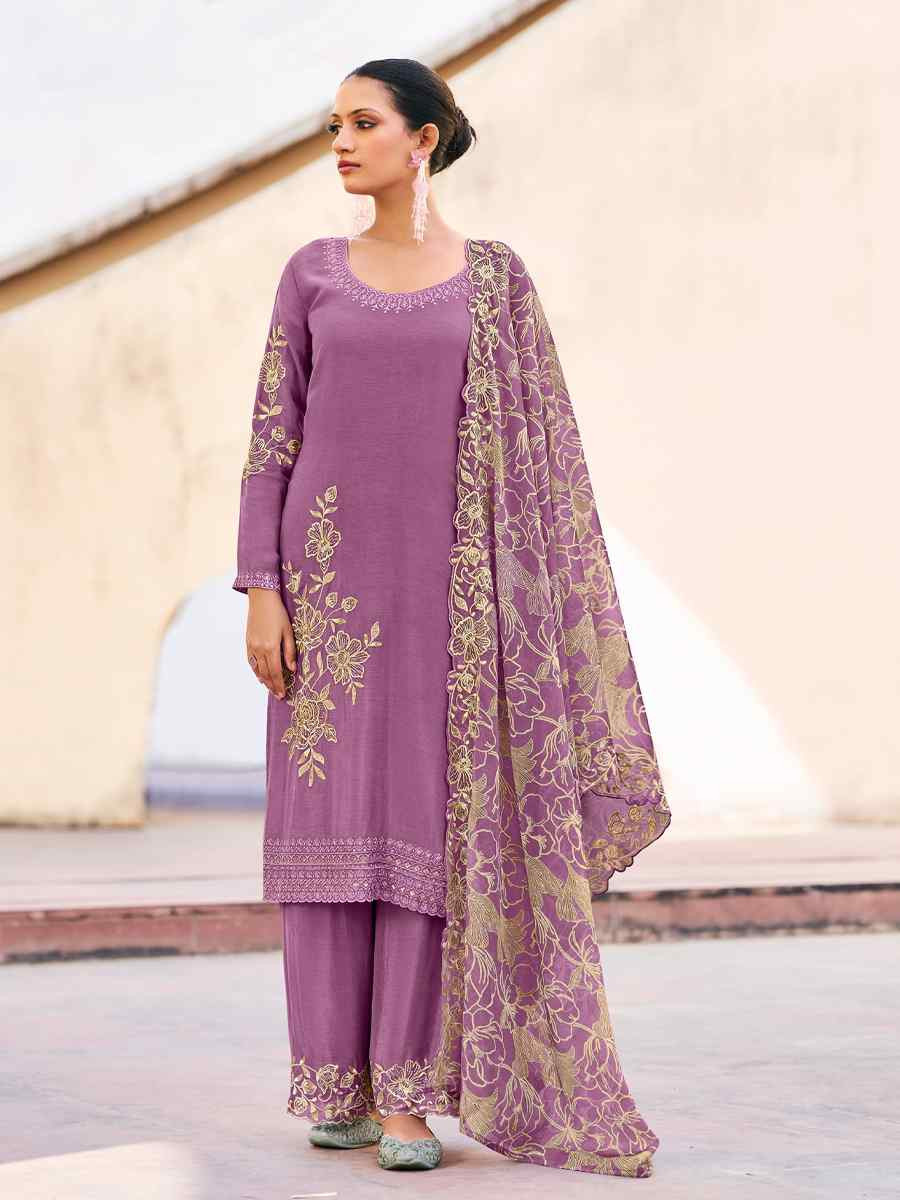 Lavender Heavy Premium Chinon Embroidered Festival Wedding Palazzo Pant Salwar Kameez