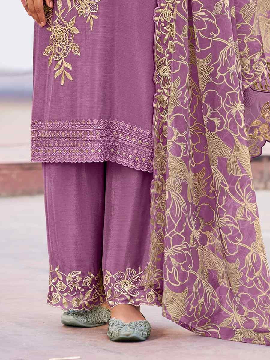 Lavender Heavy Premium Chinon Embroidered Festival Wedding Palazzo Pant Salwar Kameez