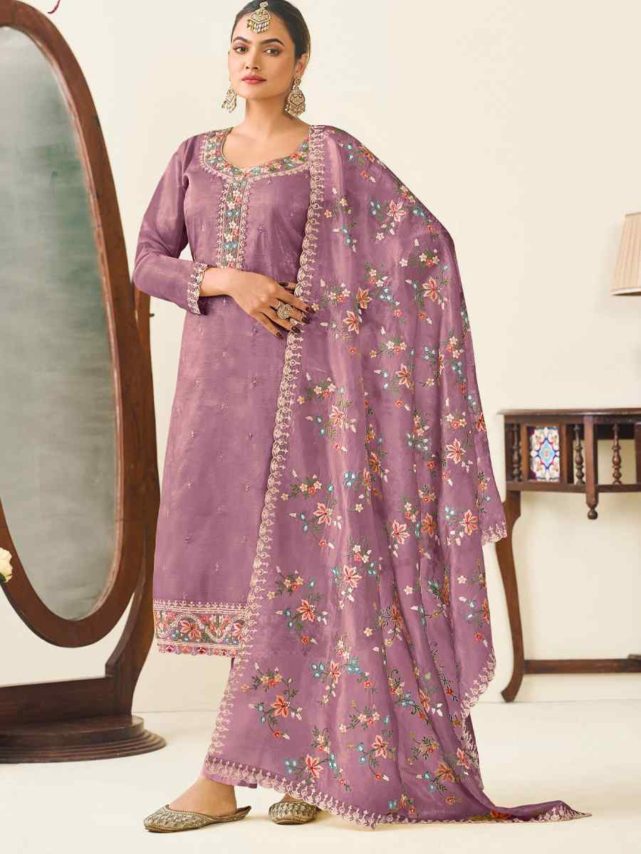 Lavender Heavy Premium Gold Crush Silk Embroidered Festival Wedding Pant Salwar Kameez